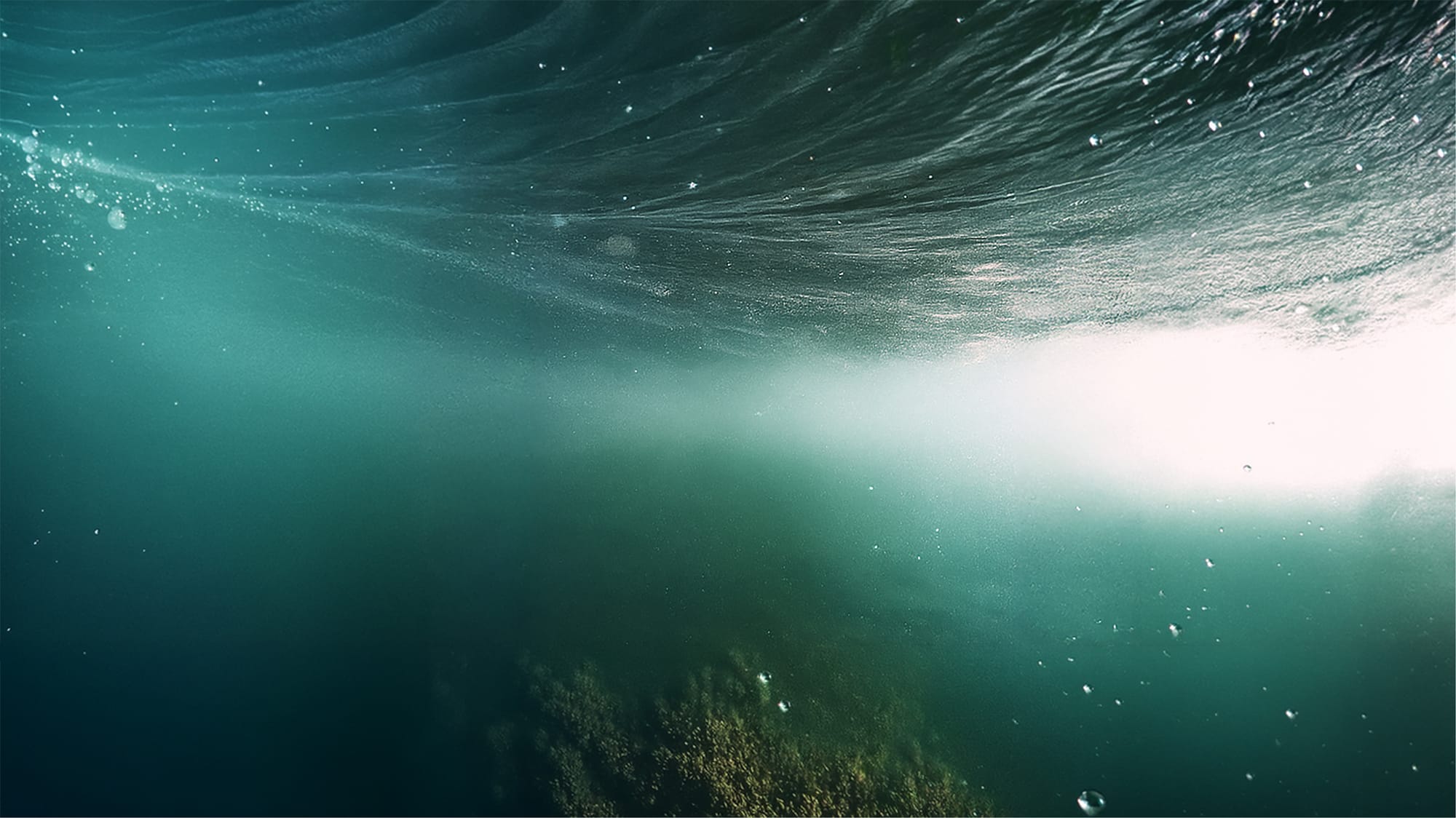 Sunlight refracting through moving water, seen from below the surface.